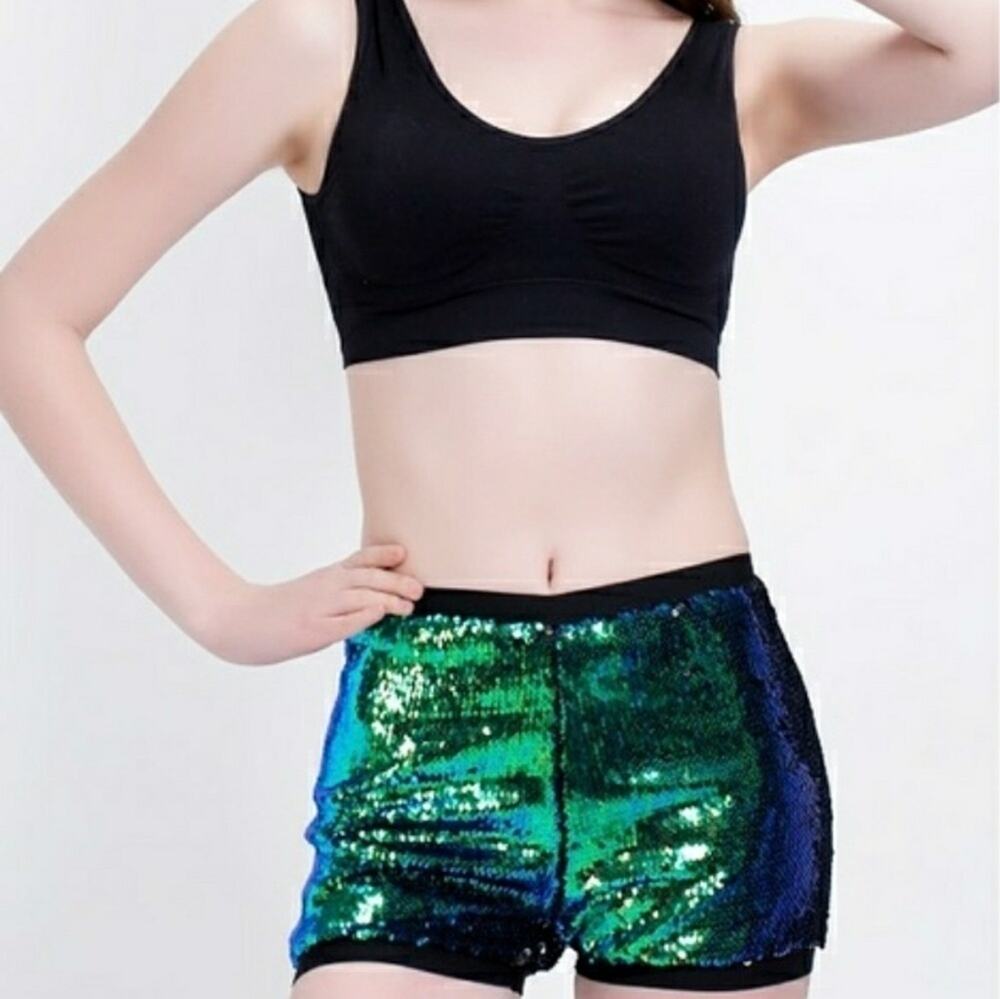 Women's XS Mermaid Flip Sequin Shorts Blue Green Festival Party Sparkle  #887